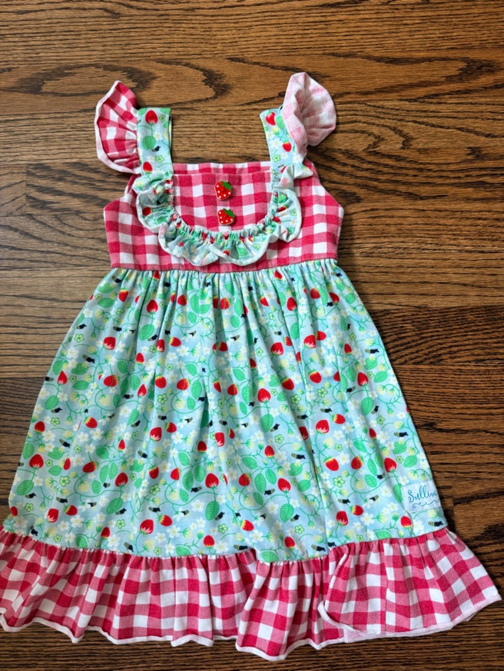 Girls Red Gingham & Mint Strawberry Print Sundress